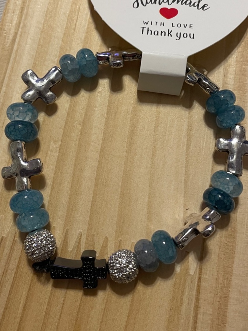 Aquamarine Amazonite stones with Pewter Crosses and a Black Accent Cross